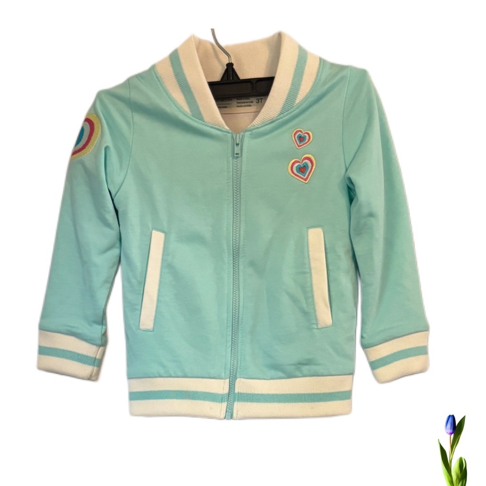 Girls Mint Green Varsity Jacket Rainbow Hearts Size 3T Paris Hilton
